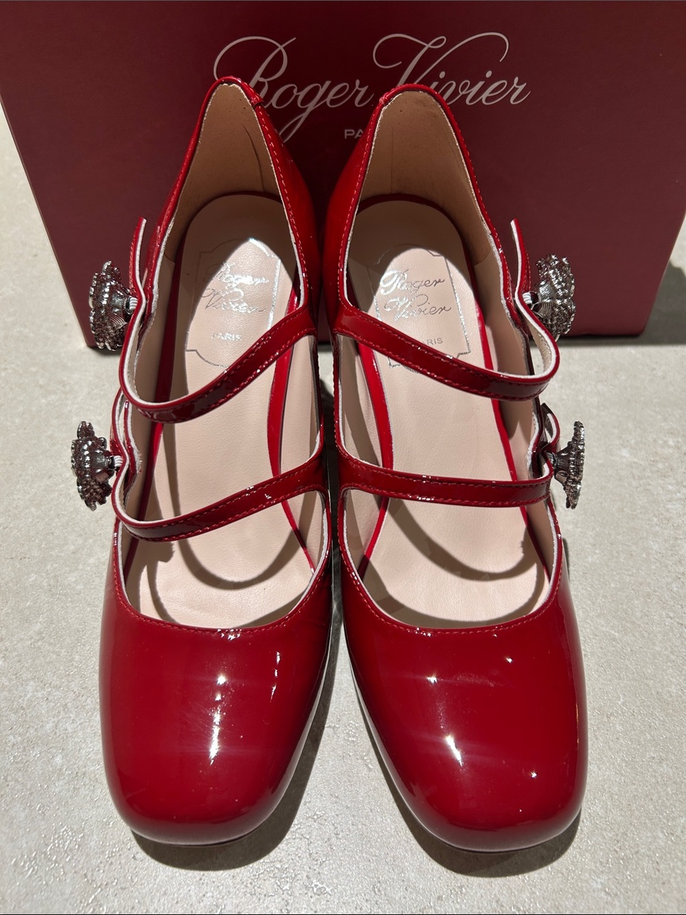 Roger Vivier Red Patent Triple-Strap Mary Jane Flats with Jeweled Buckles